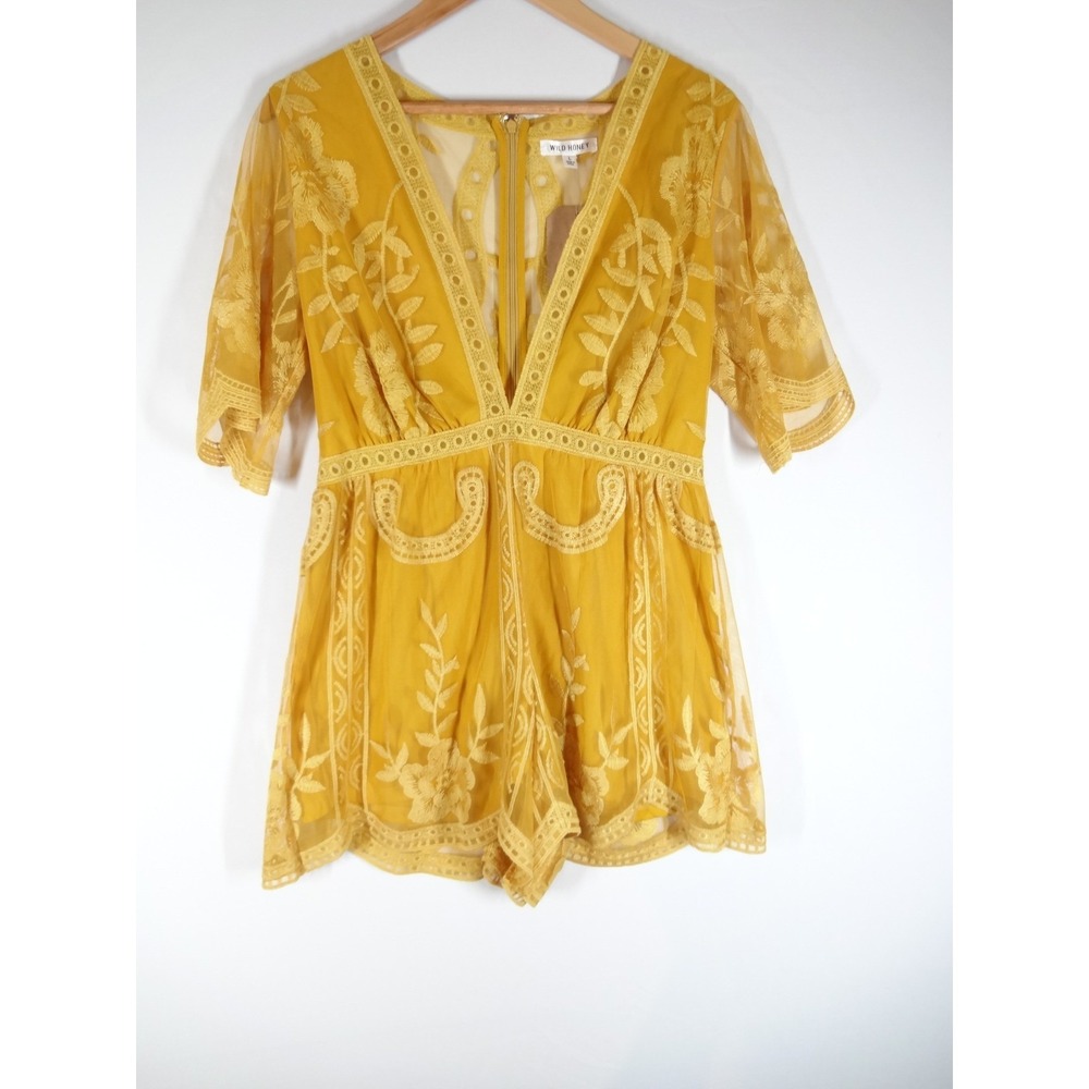 Wild Honey Romper Womens Large Yellow Embroidered Vneck Lace Boho Festival